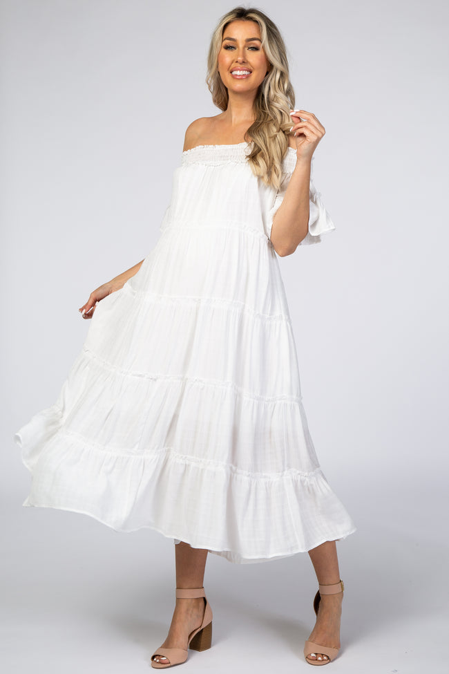 White Off Shoulder Tiered Maternity ...